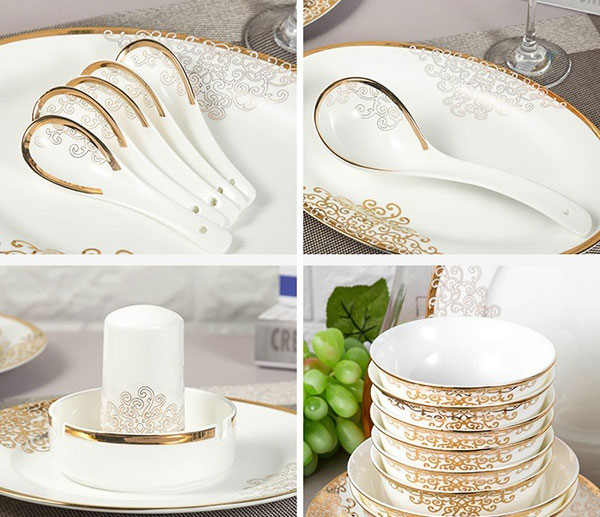 Bộ bát sứ xương hoa văn vàng