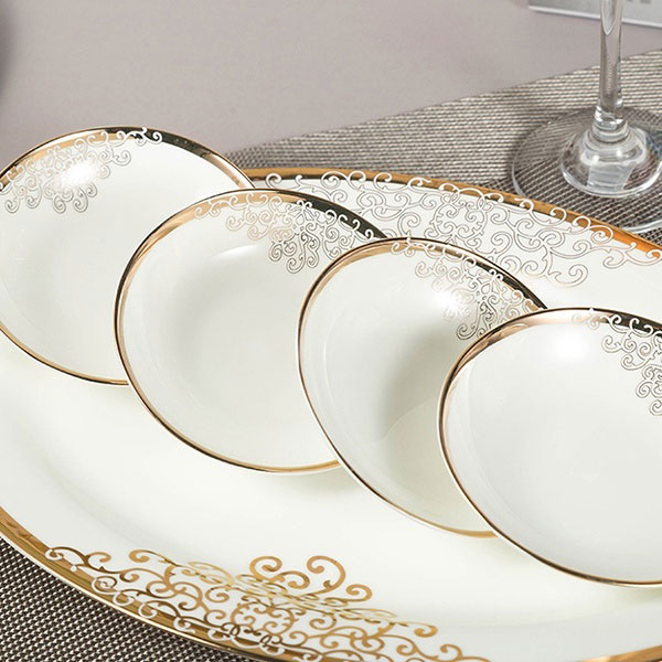 Bộ bát sứ xương hoa văn vàng