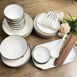 Bộ bát đĩa ăn cơm gia đình sứ trắng viền đen