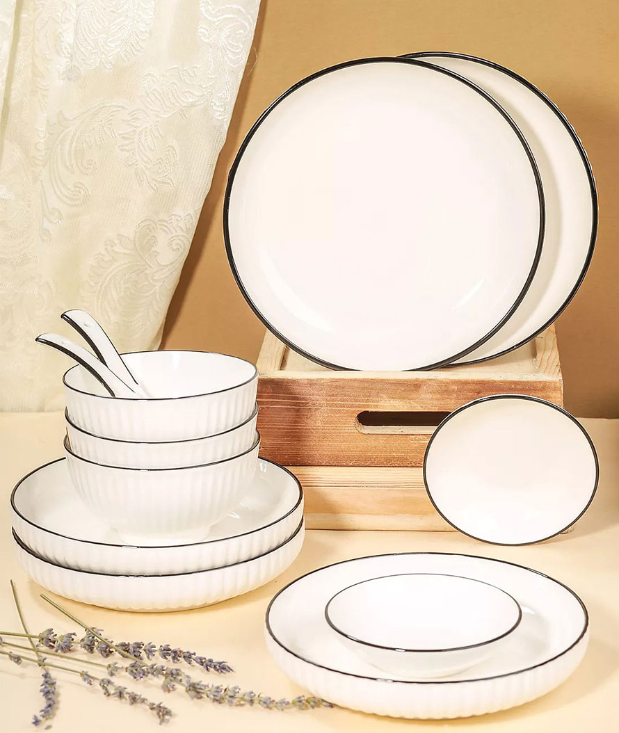 Bộ bát đĩa ăn cơm gia đình sứ trắng viền đen