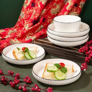 Bộ bát đĩa ăn cơm gia đình sứ trắng viền đen