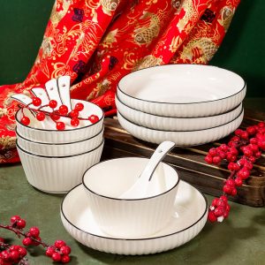 Bộ bát đĩa ăn cơm gia đình sứ trắng viền đen