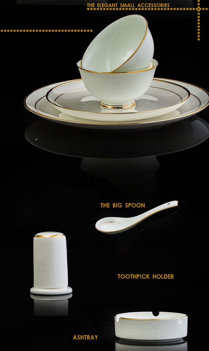 Bộ bát sứ xương viền vàng vân nổi Khmer