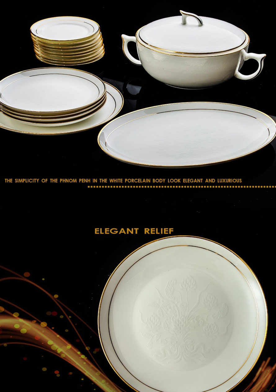 Bộ bát sứ xương viền vàng vân nổi Khmer