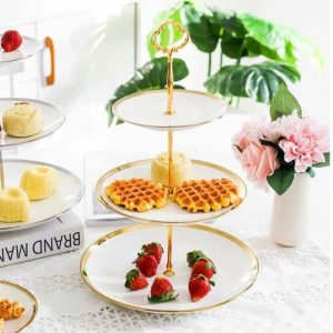 Khay bánh hoa quả sứ 2 3 tầng viền vàng