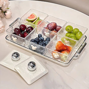 Khay đựng mứt Tết thủy tinh 6 ngăn kèm khay sứ