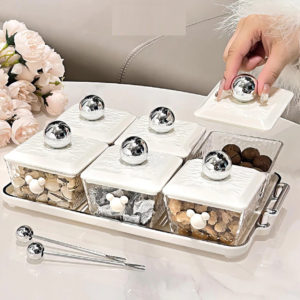 Khay đựng mứt Tết thủy tinh 6 ngăn kèm khay sứ