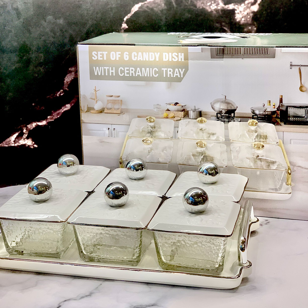 Khay đựng mứt Tết thủy tinh 6 ngăn kèm khay sứ