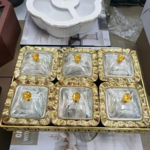 Khay mứt sứ khung hợp kim mạ vàng 6 ngăn