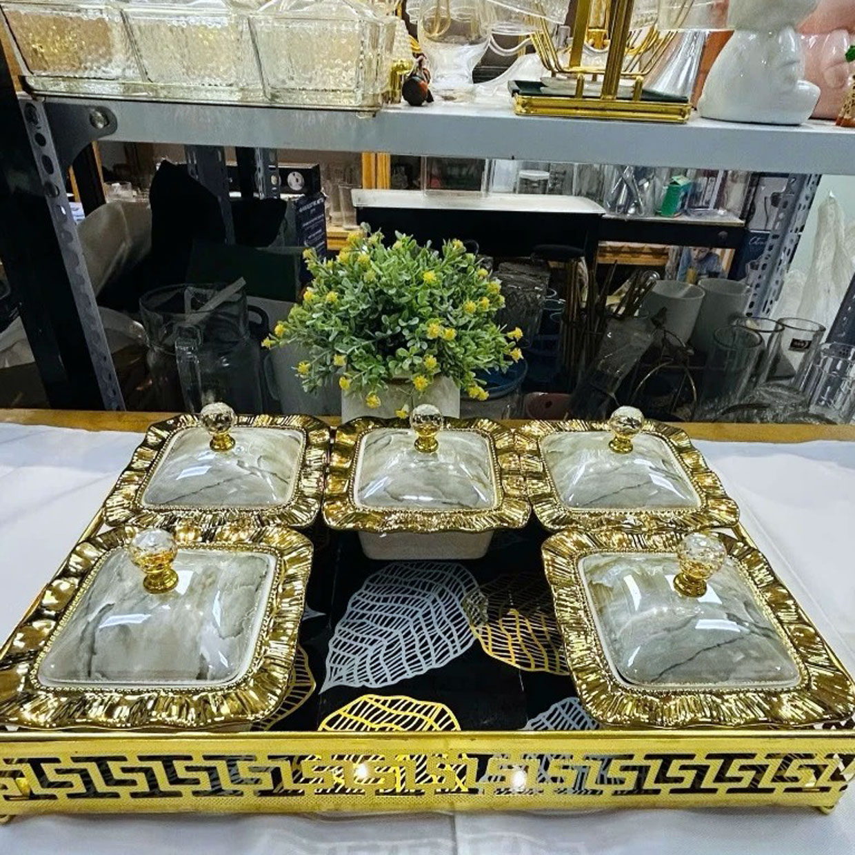 Khay mứt sứ khung hợp kim mạ vàng 6 ngăn