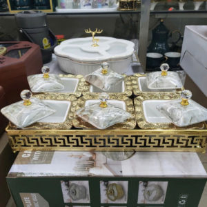 Khay mứt sứ khung hợp kim mạ vàng 6 ngăn