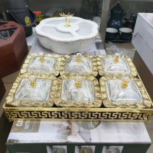 Khay mứt sứ khung hợp kim mạ vàng 6 ngăn