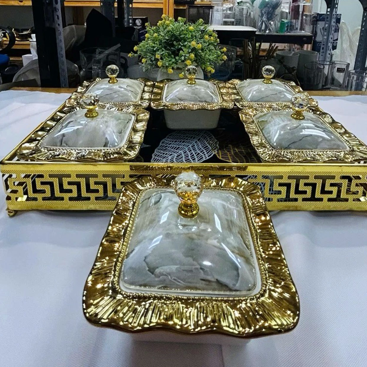 Khay mứt sứ khung hợp kim mạ vàng 6 ngăn