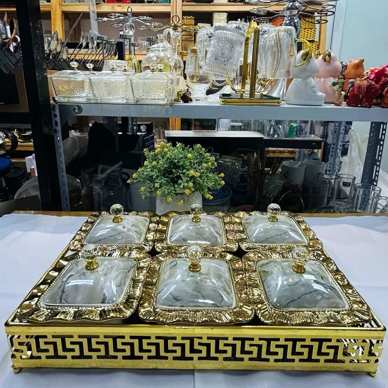 Khay mứt sứ khung hợp kim mạ vàng 6 ngăn