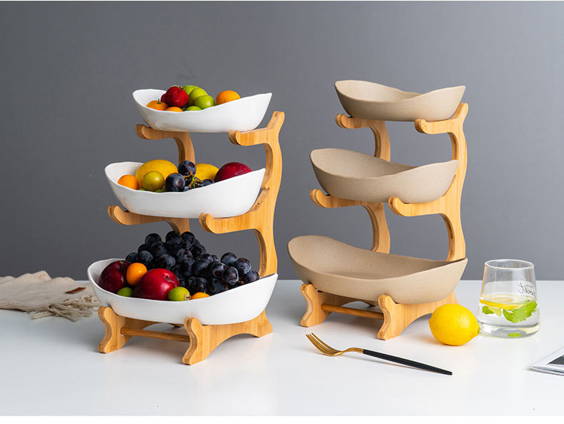 Khay quả ba tầng sứ khung gỗ