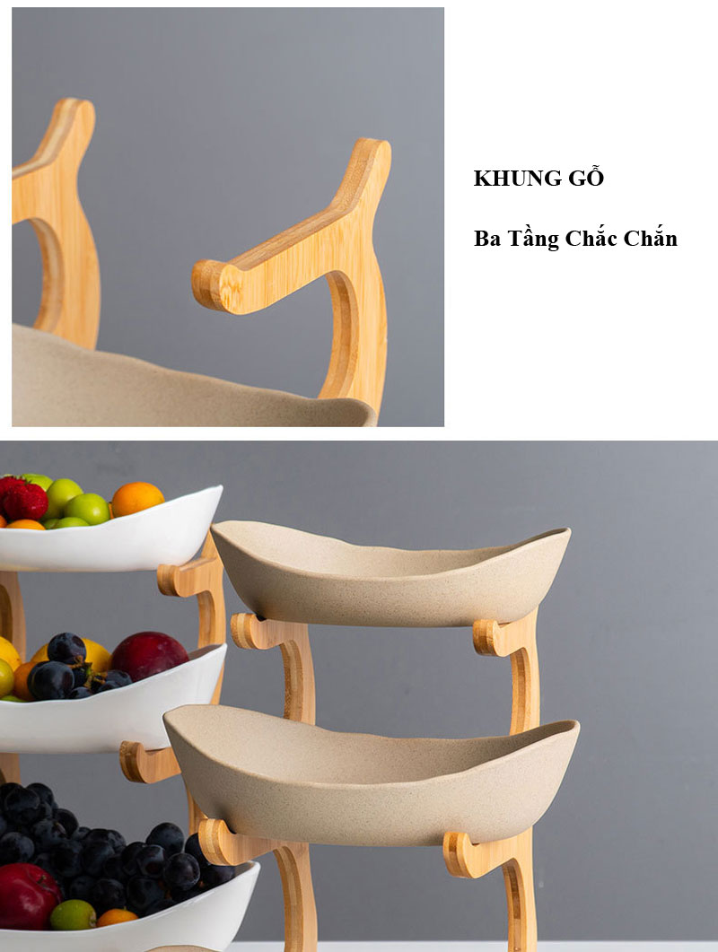Khay quả ba tầng sứ khung gỗ