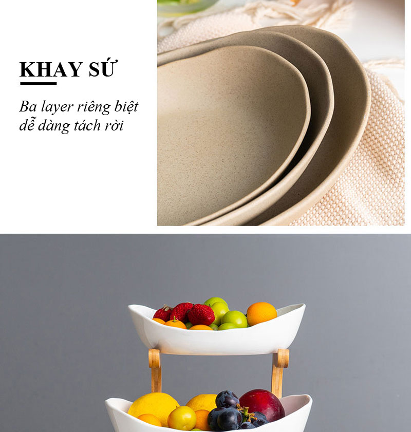 Khay quả ba tầng sứ khung gỗ