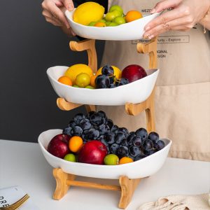 Khay quả ba tầng sứ khung gỗ