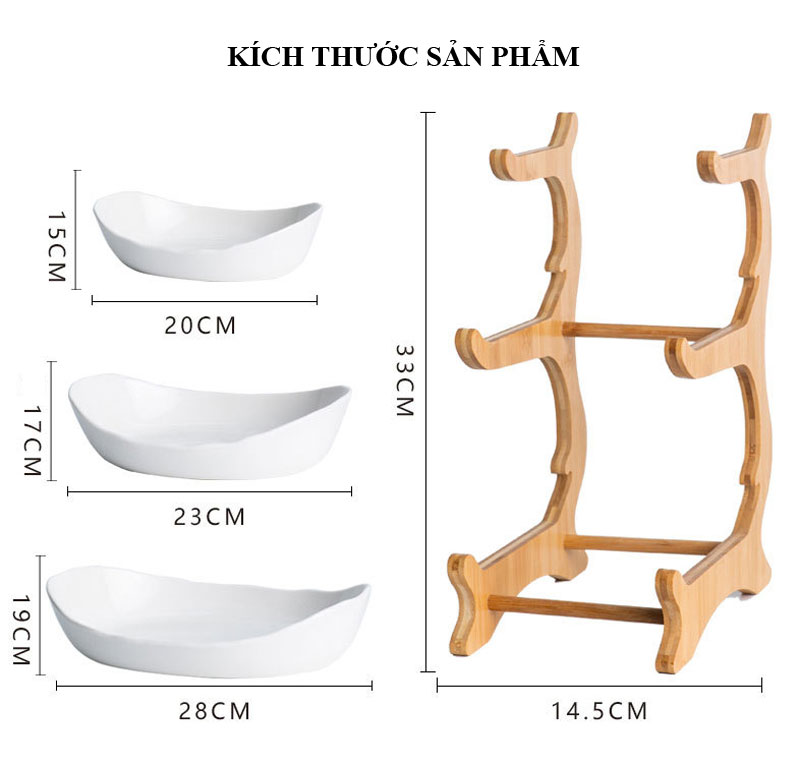 Khay quả ba tầng sứ khung gỗ