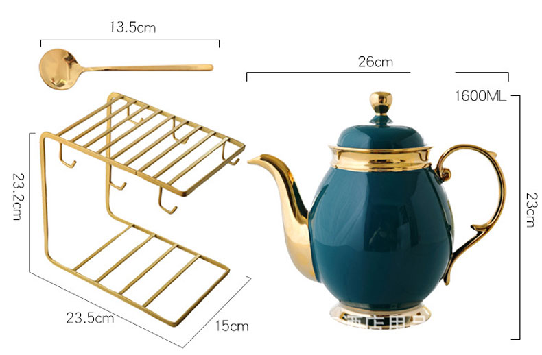 Bộ ấm trà sứ xanh khung treo cốc vàng