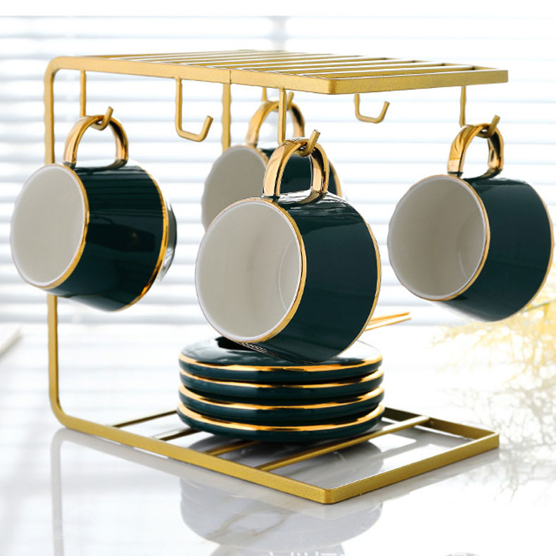 Bộ ấm trà sứ xanh khung treo cốc vàng