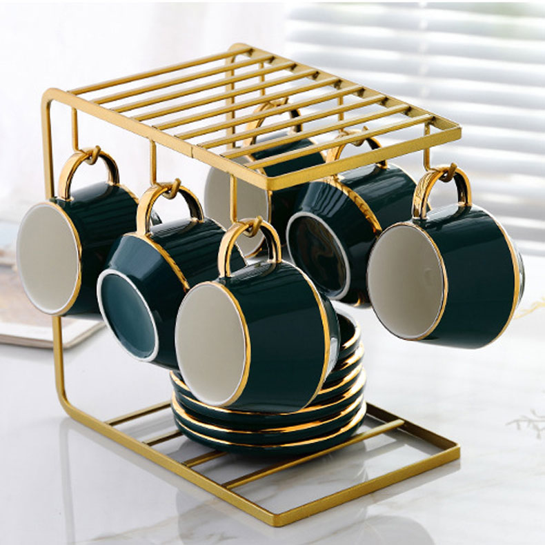 Bộ ấm trà sứ xanh khung treo cốc vàng