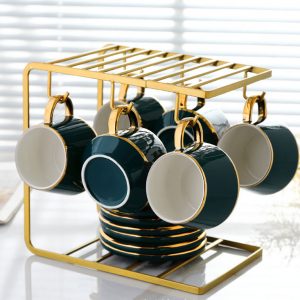 Bộ ấm trà sứ xanh khung treo cốc vàng
