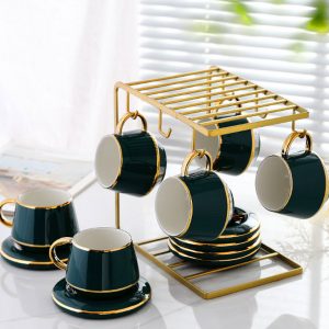 Bộ ấm trà sứ xanh khung treo cốc vàng