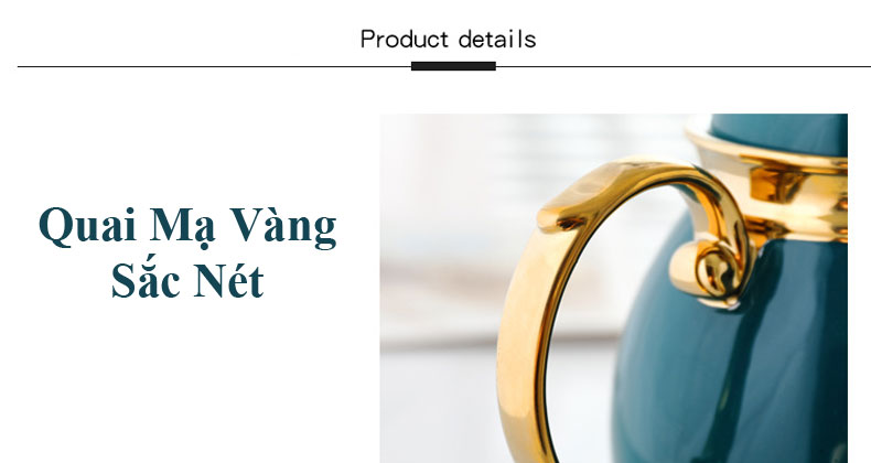 Bộ ấm trà sứ xanh khung treo cốc vàng
