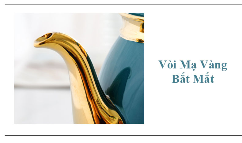 Bộ ấm trà sứ xanh khung treo cốc vàng