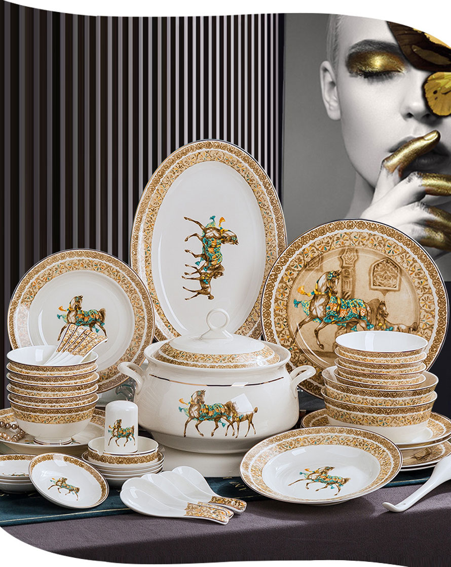 Bộ bát ngựa sứ xương hoa văn vàng 60 chi tiết