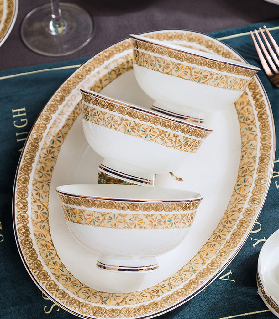 Bộ bát ngựa sứ xương hoa văn vàng 60 chi tiết