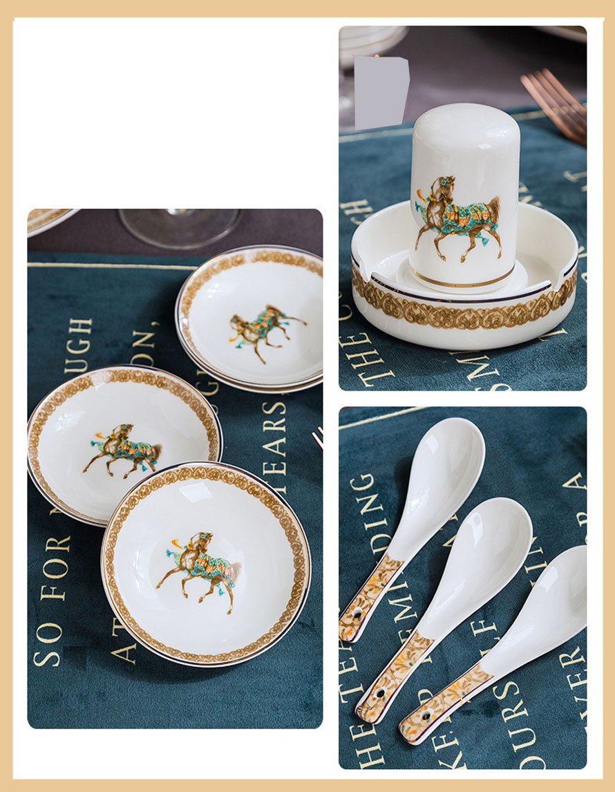 Bộ bát ngựa sứ xương hoa văn vàng 60 chi tiết