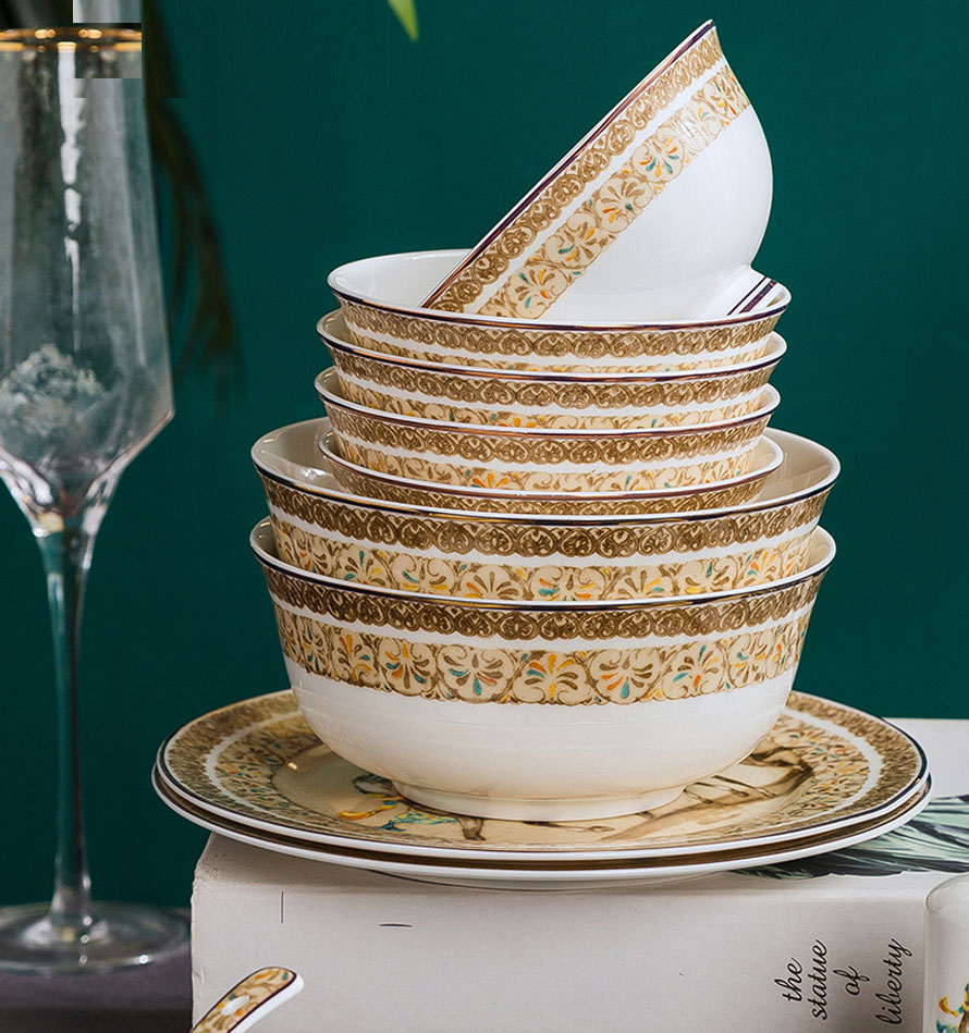 Bộ bát ngựa sứ xương hoa văn vàng 60 chi tiết