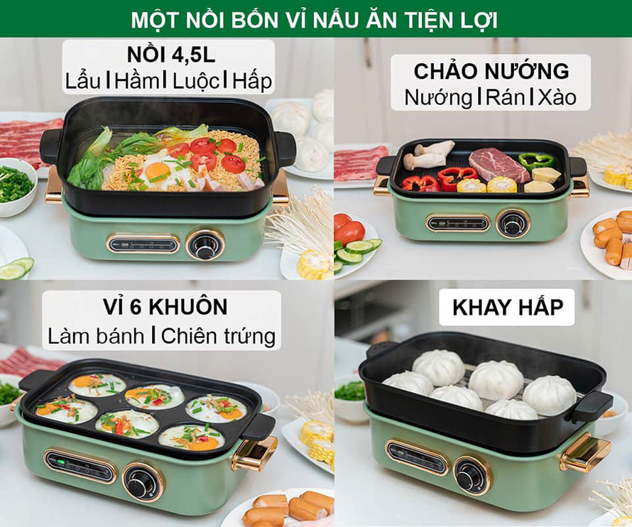 Nồi lẩu nướng hấp làm bánh đa năng Seka 4 trong 1