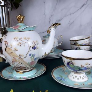 Bộ ấm trà sứ xương Khổng Tước 15 chi tiết cao cấp